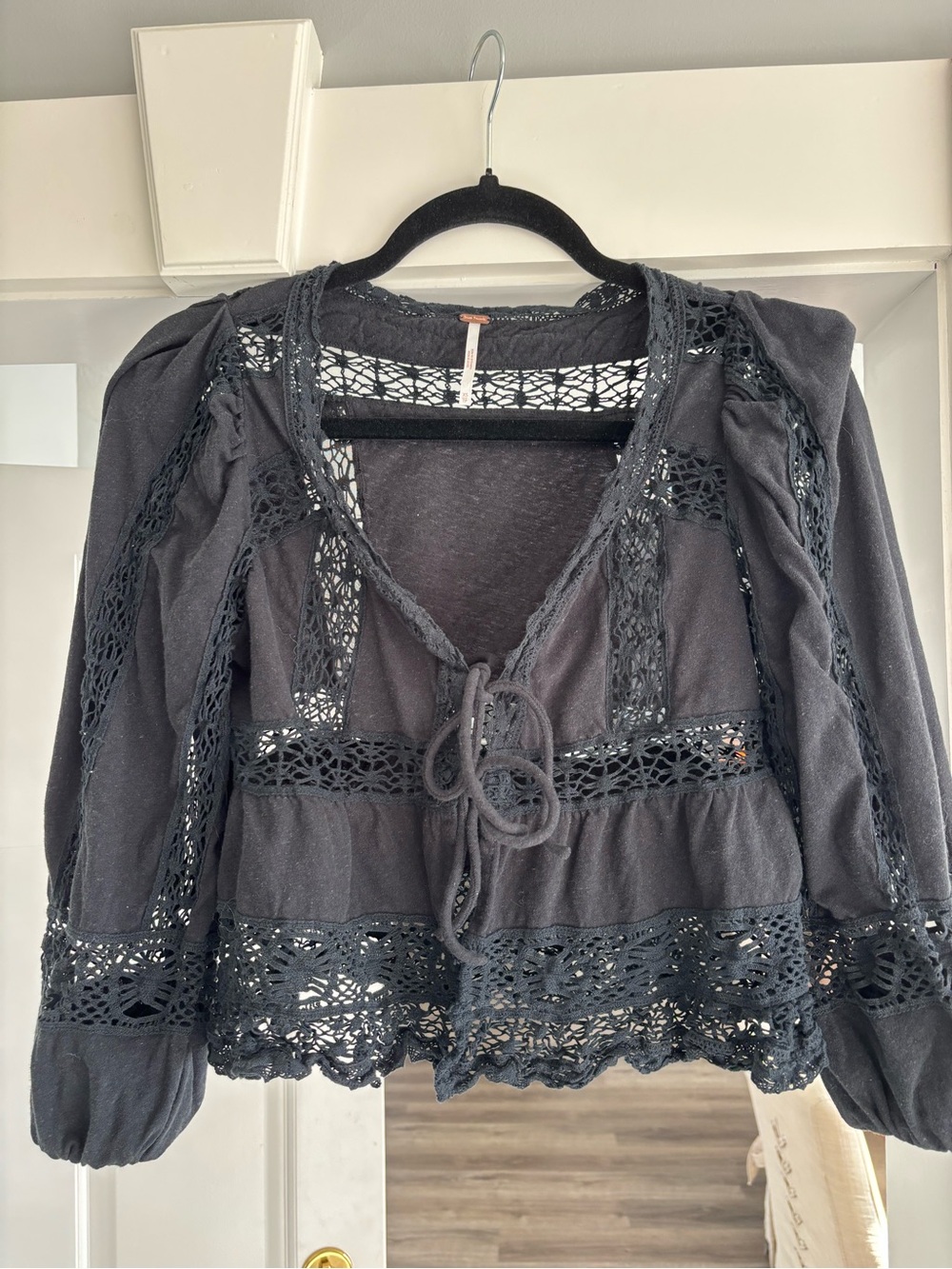 Free People Black Crochet Tie-Front Blouse xs
